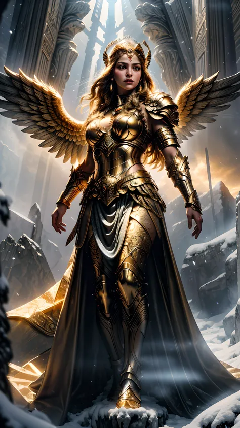 ((warrior goddess hera)) , super high resolution, best quality, photo, 8k, (photorealistic: 1.2), cinematic lighting, woman beautiful face warrior wearing heavy iron body armor insanely detailed and intricate , floating on crystal clouds, yellow eyes, golden light emanating from the throne, gems floating in the sky, God, with beams of light enveloping the body, with large feathered wings on a crystal throne, wings open, golden light (halo:1.2) above your head, feminine, dark, masterpiece , best quality, intricate details, snowy environment and crystals in the background, crystal cathedral, portal of the future, 3D lighting, HD, magic, god of light, backlight, detailed faces, DREAD, depth of field, soft lighting, tone mapping, highly detailed, concept art, smooth, sharp focus, dramatic lighting, highly detailed art, cinematic, 8K, great shadows ( highly detailed background: 1.2), a viking, a spartan, fighting, blood, sweat, war, full body image, holding bjorn in left hand.phoenix wings of fire