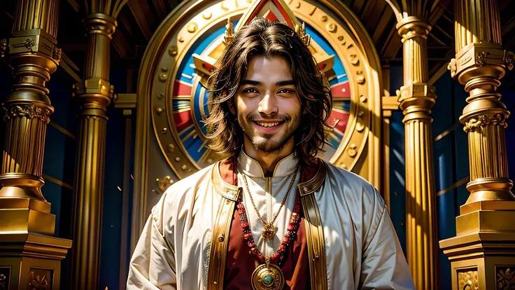masterpiece, best quality, masterpiece, best quality,The temple priest preaches the Dharma, Man,handsome, (intimate look, FRIENDLY smile, serious, polite) looking at viewer,