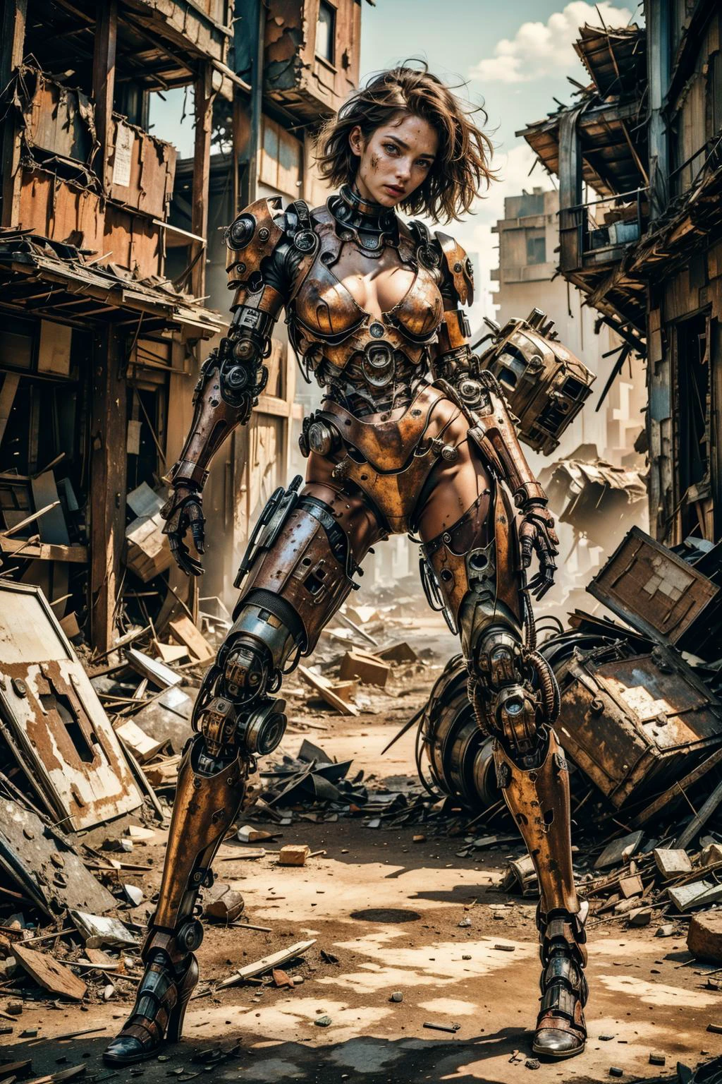 (masterpiece:1.4), (intricate:1.2), (detailed:1.2), BREAK,
(post apocalyptic:1.1), (dystopia:1.0), (science fiction:1.0), BREAK,
(solo:1.2), (female cyborg:1.2), (mechanical limbs:1.0), (mechanical neck:1.0), (rusty4rmor:1.1), (rusty:1.1), (rust:1.0), (messy long hair:1.0), (dynamic pose:1.0), <lora:RustyArmor:0.5>, BREAK,
(outdoor:1.0), (wasteland:1.0), (arid:1.0), (scorching sun:1.0), (junkyard:1.0)