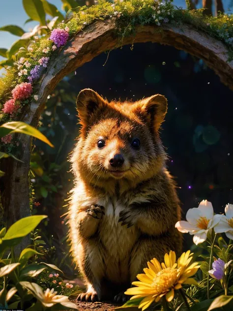 no human, spellbinding, quokka, Within a hidden enclave, a botanical masterpiece blooms, its meticulously arranged flowers a testament to nature's artistry, Creating lens flares best quality, mastepiece, intricate details