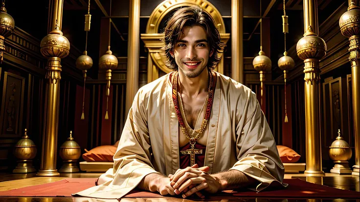 masterpiece, best quality, masterpiece, best quality,The temple priest preaches the Dharma, Man,handsome, (intimate look, FRIENDLY smile, serious, polite) looking at viewer,
