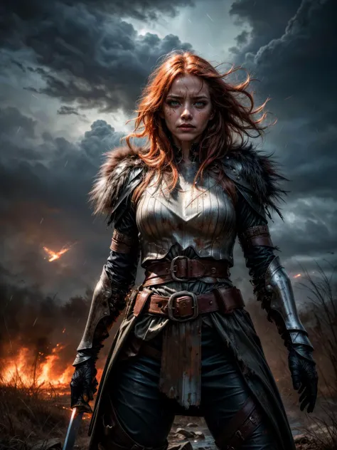 (best quality:1.4), (ultra highres:1.2), (photorealistic:1.4), (8k, RAW photo:1.2), ultra detailed, break, Stormy rainy skies ,  a ginger woman,(highly detailed dark eyes looking at viewer:1.4), highly detailed wet face, 1girl, female warrior, highlight long red hair, soaking wet hair, medium breasts, [little_freckles], Facial skin soiled by battle, [[Blood splatter]],  leather and worn scratched used wet metal armor,fur, sword belt, break, fighting stance, wind, cinematic lighting, realistic, dramatic light, break, Rain falls on the battlefield , dark_Smokes, fireflies,piles of dead corpses,  Medieval_battlefield_ravaged_by_war_background, <lora:more_details:0.7>, solo focus, <lora:beautiful detailed eyes:0.2>