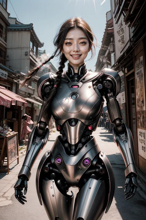 (high quality, best quality, masterpiece:1.2), (1girl, solo:1), (mild spring afternoon:1.1), (modern age:1), (korea, korean woman as warrior:1.25), (short braided hair:1), (pink eyes:1.1), (smiling expression:1.15), (crepuscular rays:1), (curvy body:1), (waiting:1), (urban background:1), (synth macabre robotic:1.1), (gripping remarkable steam:1),