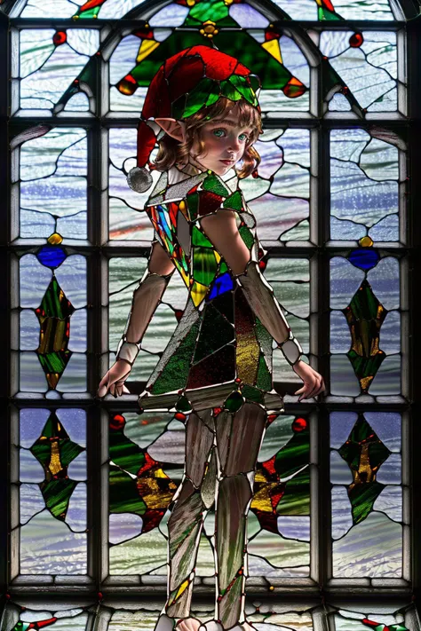 (Christmas scene stained glass window:1.5), (even backlighting through glass) and (bright face front lighting:1.3),
[Create a (full-body) RAW photograph of a cute ( girl:1.4), (little elf girl:1.3), in a stained glass (Christmas elf costume:1.2)], (made completely of colorful stained glass:1.4),
(cute pose:1.2)
(pale, alabaster skin)
(bright face lighting:1.2)
<lora:add_detail:0.4>,