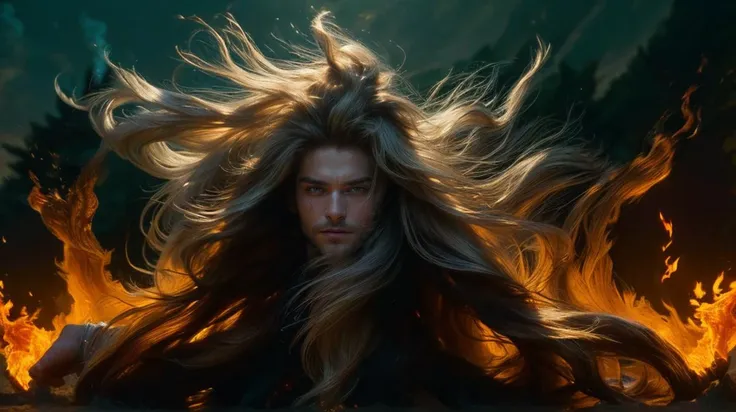 (Masterpiece:1.5),(best quality:1.4),(illustration:1.2),(ultra-detailed:1.2),(hyper details:1.2),<lora:popular:1>,(1boy:1.5),a handsome nordic caucasian man with extremely long flowy (platinum blonde hair:1.3) wearing dark and stylish fantasy clothing smiling looking at the camera with a very serious death stare in a forest casting a fireball magic spell out of his right hand with dynamic and powerful pose and motion,charismatic man,<lora:detail_slider_v4:1.5>,casting a fireball magic spell out of his right hand,fire turning into black smoke,(impressive and breath taking fire magic effects:1.5),vibrant colors,<lora:gender_slider_v1:-1>,<lora:hair_length_slider_v1:2>,<lora:windblown:5>, windblown hair,(windblown cloth:1.5),