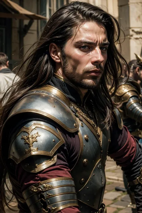 masterpiece, best quality,(epic realistic:1.5), 1man, (very handsome man), (strong chin), (detailed skin), masculine facial features, long hair, armor, fantasy