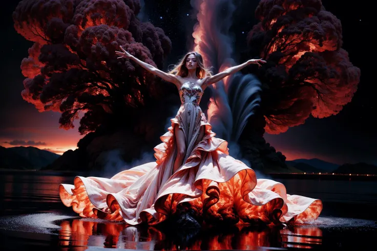 photo of (F0012024v1),night,very dark,levitating over water,reflections in the water,((raising both arms)),(v4lc4n0, bare shoulders, red and white dress, strapless, gown),(full body shot:1.5),<lora:v4lc4n0:0.9>,<lora:detail_slider_v4:2>, eyeshadow,long eyelashes,mascara,eyeliner