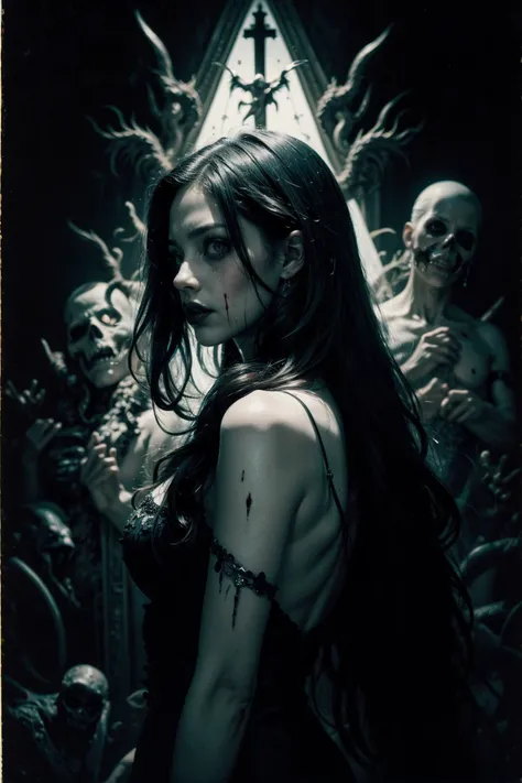 (masterpiece, top quality, best quality, official art, beautiful and aesthetic:1.2), (black and white:1.5), a pale girl with white skin, long hair flowing, black hair, blood dripping from above, demon behind in all black, occult, oil painting:1.5, gloomy, holy, dark backgroound, black background, a dark shadow behind, side view <lora:detail_slider_v4:2>