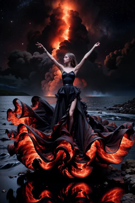 photo of (F0012024v1),night,very dark,levitatin over water in the ocean,reflections in the water,((raising both arms)),(v4lc4n0, bare shoulders, black and red dress, strapless, gown),(full body shot:1.5),<lora:v4lc4n0:0.9>,<lora:detail_slider_v4:2>, eyeshadow,long eyelashes,mascara,eyeliner