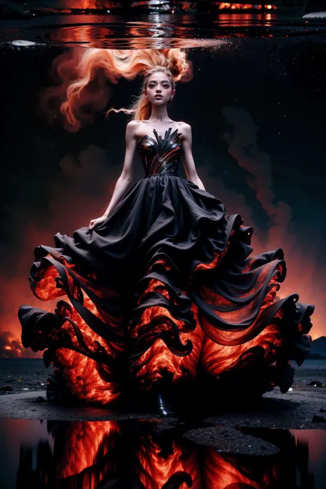 photo of (F0012024v1),night,very dark,walking on water in the ocean,reflections in the water,(raising both arms),(v4lc4n0, bare shoulders, black and red dress, strapless, gown),(full body shot:1.5),<lora:v4lc4n0:0.9>,<lora:detail_slider_v4:2>, eyeshadow,long eyelashes,mascara,eyeliner