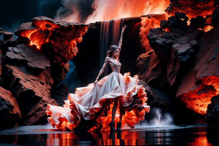 photo of (F0012024v1),night,very dark,levitating over water,reflections in the water,((raising both arms)),(v4lc4n0, bare shoulders, red and white dress, strapless, gown),(full body shot:1.5),<lora:v4lc4n0:0.9>,<lora:detail_slider_v4:2>, eyeshadow,long eyelashes,mascara,eyeliner