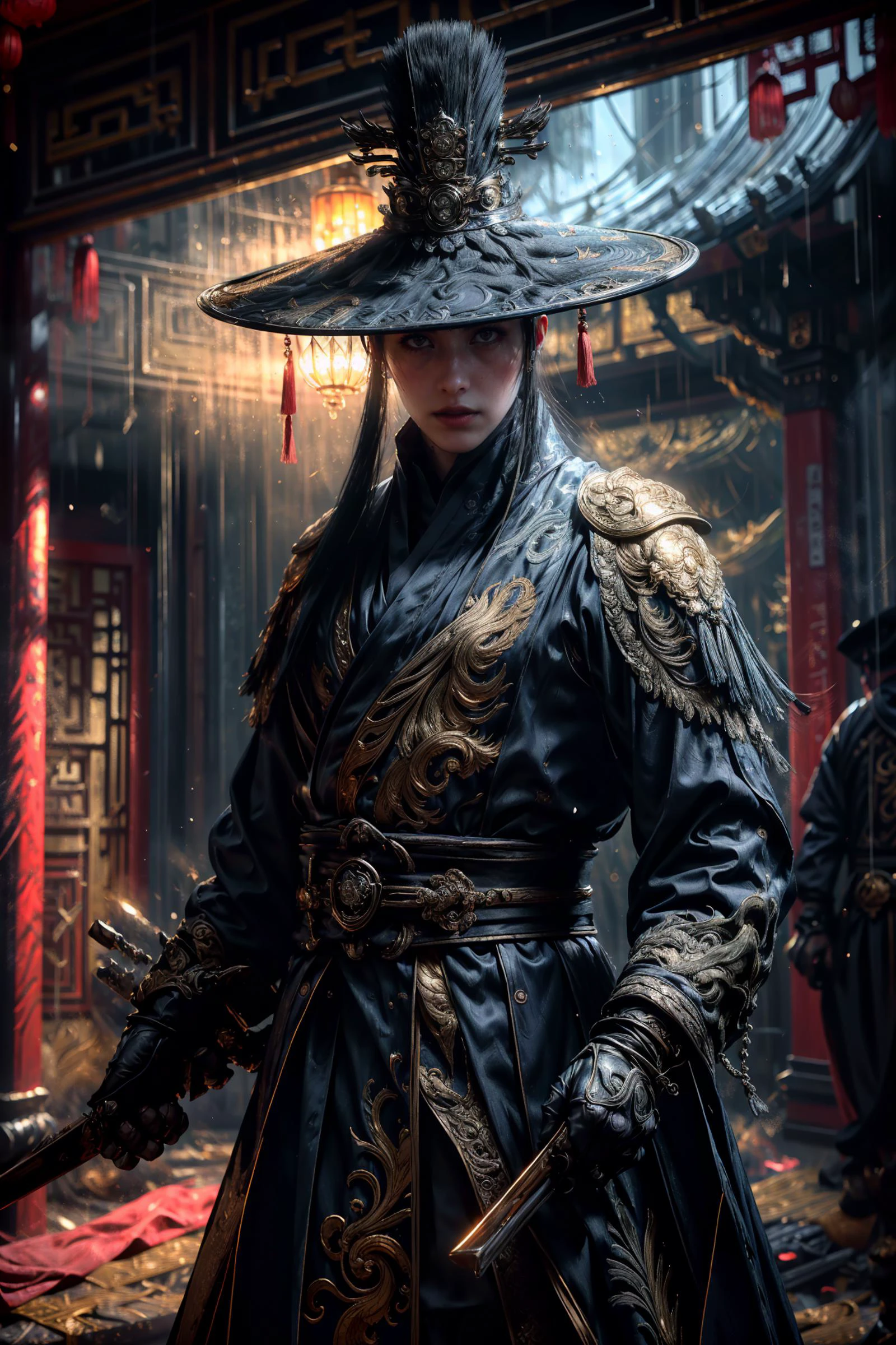 (((Brotherhood of Blades))),(Storm,high key lighting:1.4),(wide shot, wide-angle lens,Panoramic),
(best quality,masterpiece:1.2),(insane detailed,ultra-realistic:1.2),(matte photo,8k,Ultrahigh HD Picture,dramatic),(High quality texture,absurd detailed),(cinematic lighting,soft light, sharp focus:1.2),light particles,subsurface scattering,
(anatomically correct:0.8),1boy,(black lips,black colored lipstick),standing,gold trim(hat,chinese clothes,sash,high collar),tassel,(jewelry),sblack gloves,(east asian architecture,lantern,banner),solo,
<lora:xuer Embroidered Uniform Guard_20240127050016:0.7>,(xuer Embroidered Uniform Guard,embroidery traditional chinse suit),
holding sheath,<lora:detail_slider_v4:1>,more detail,<lora:epiNoiseoffset_v2:1>,((dark theme),(rim lighting),(two tone lighting),(dimly lit),(low key):1.3),
