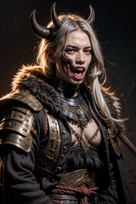 demon, man, boy, male, japan mythology, scary monster, toothy, long tongue, samurai armor, dirty gray hair, pale skin <lora:detail_slider_v4:1>