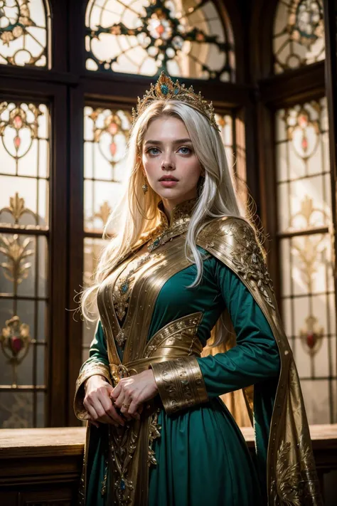 masterpiece, best quality, best quality, Create a beautiful art piece featuring a princess, hyper detailed, ultra realistic, depth of field, (1women), almost white hair, very long hair, (purple eyes), beautiful, danity, modest, detailed green dress with jewls, looking at viewer, medieval, dark fantasy, decoration light through windows, dramatic shadow, phenomenal aesthetic, sumptuous artwork