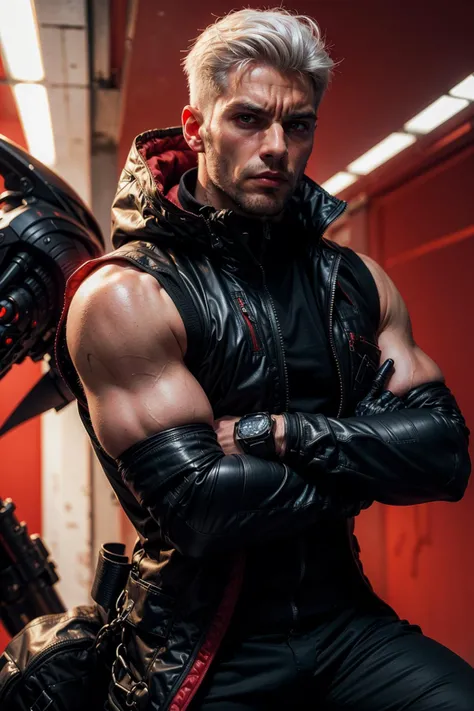 (((1man)), (handsome man), (strong chin), vest, techwear, hypebeast, portrait, tough guy, chiselled jaw, gigachad, candid, modeling, photo, red background, ((glowing red eyes)), ((white hair)), ((evil look)), (dynamic pose:1.5), epic, (look at viewer), ((complicated background)), cyber punk city, photorealistic, badass