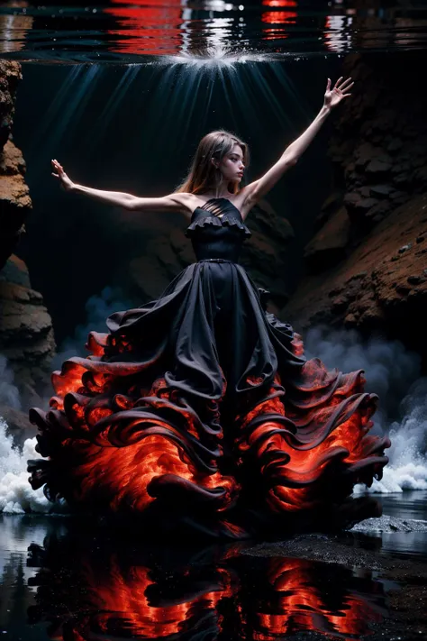 photo of (F0012024v1),night,very dark,levitatin over water in the ocean,reflections in the water,((raising both arms)),(v4lc4n0, bare shoulders, black and red dress, strapless, gown),(full body shot:1.5),<lora:v4lc4n0:0.9>,<lora:detail_slider_v4:2>, eyeshadow,long eyelashes,mascara,eyeliner