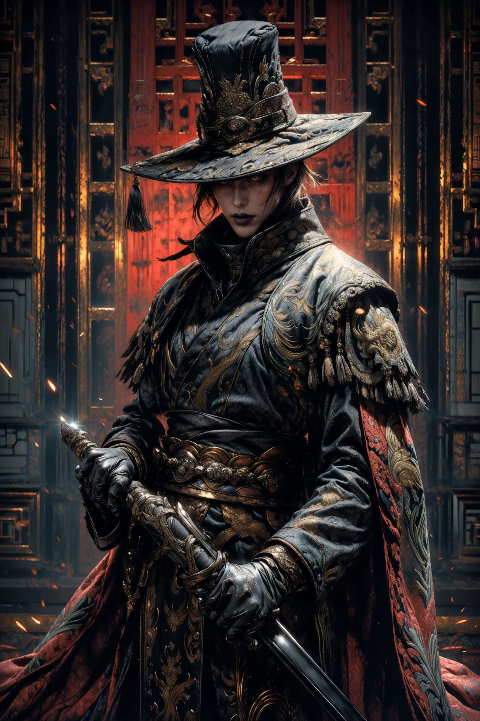 (((Brotherhood of Blades))),(wide shot, wide-angle lens,Panoramic),
imagination,A shot with tension,Visual impact,
(best quality,masterpiece:1.2),(insane detailed,ultra-realistic:1.2),(matte photo,8k,Ultrahigh HD Picture,dramatic),(High quality texture,absurd detailed),light particles,subsurface scattering,
(anatomically correct:0.8),1boy,(black lips,black colored lipstick),standing,gold trim(hat,chinese clothes,sash,high collar),tassel,(jewelry),sblack gloves,(east asian architecture,lantern,banner),solo,
<lora:xuer Embroidered Uniform Guard_20240127050016:0.6>,(xuer Embroidered Uniform Guard,embroidery traditional chinse suit),
holding sheath,<lora:detail_slider_v4:1>,more detail,<lora:Bloodborne:0.5>,<lora:ayami:0.6>,AYAMI STYLE,