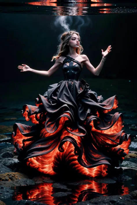 photo of (F0012024v1),night,very dark,levitatin over water in the ocean,reflections in the water,((raising both arms)),(v4lc4n0, bare shoulders, black and red dress, strapless, gown),(full body shot:1.5),<lora:v4lc4n0:0.9>,<lora:detail_slider_v4:2>, eyeshadow,long eyelashes,mascara,eyeliner
