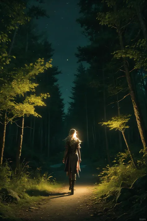 forest, night, glowing_flowers, elf, photorealism,