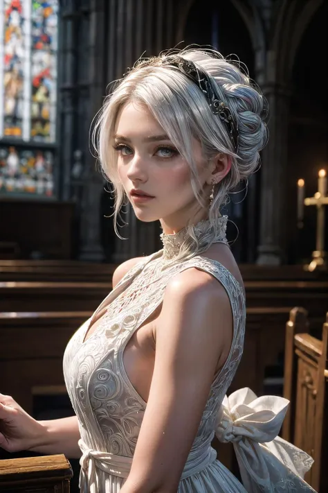 (a sexy lady with a white hair, wears a gown, topless), (in the church, wedding)