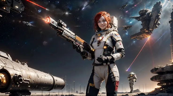 (Her name is Alina her blue eyes look relaxed, (Full Body View:1.1),(she smiles and stands in a battle-ready pose, carrying a laser rifle in her hands. :1.2), (Space Pirat), (Her red hair is extremly long:1.2), (She wears a black, skin-tight, particularly revealing imperial spacesuit with the inscription Umbra Sumus:1.1) with badges of her service to the feared pirate organization:1.5) , high-definition picture, real effect, hyper-realistic portraits, uniformly staged images, flat yet expressive, cyberpunk, (Spaceships Battle inspired by Star Citizen in the Background, Dark fantasy:1.5), HDR, UHD, 8K