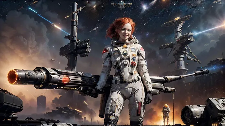 (Her name is Alina her blue eyes look relaxed, (Full Body View:1.1),(she smiles and stands in a battle-ready pose, carrying a large laser rifle in her hands. :1.2), (Space Pirat), (Her red hair is extremly long:1.2), (She wears a black, skin-tight, particularly revealing imperial spacesuit with the inscription Umbra Sumus:1.1) with badges of her service to the feared pirate organization:1.5) , high-definition picture, real effect, hyper-realistic portraits, uniformly staged images, flat yet expressive, cyberpunk, (Spaceships Battle inspired by Star Citizen in the Background, Dark fantasy:1.5), HDR, UHD, 8K