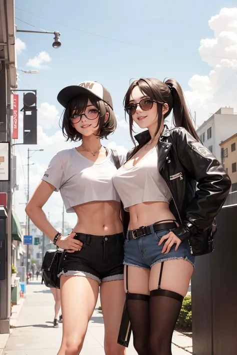 thick outlines, (vibrant shadows), deep shadows, detailed eyes, full height, (high quality), high detailed background, (realistic shadows), HD shadows, masterpiece, high detailed face, high detailed finger, older girl, ((megane)), (((dark blue hair))), ((ahoge)), (yellow eyes), ((disheveled hair)), ((short hair)), (((skinny body))), (slim waist), ((narrow hips)), skinny legs, (slender legs), medium breast, 2 girl, ((identical twins)), (twins), ((yuri)), (realistic style), curvy, busines suit, naked jacket, thight pants, thight jacket, (detailed), two tomboys, cityscape, (kissing:1.2)