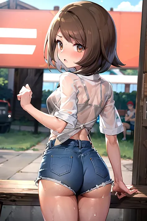 4K, masterpiece, 8k, high quality, 最high quality, Spring in the park, At dusk，Children have fun playing with the playground equipment，Short black hair in twin tails，iris，Blunt bangs，freckles，Very short，Camel Toe，Embarrassing，sneakers，Very small ass，Very thin thigh，Flat Chest，Short denim mini skirt，Open Fly，Tsundere，Printed T-shirt，belly button, Accurate and detailed beautiful female fingersHANDS ON HER HIPS, FOCUS SHE IS SHOWING HER ASS, WHOLE BODY VIEW. FOCUS BACK VIEW.