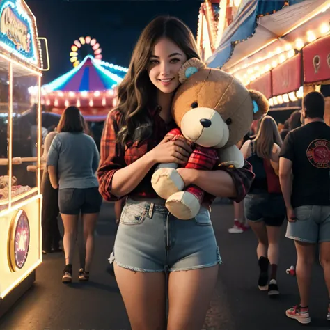 <lora:highwaistedshorts:1.0>, woman wearing high-waist shorts and flannel shirt, holding giant teddy bear, carnival fair, night time, masterpiece, 8k, high resolution, shallow depth of field, sharp focus