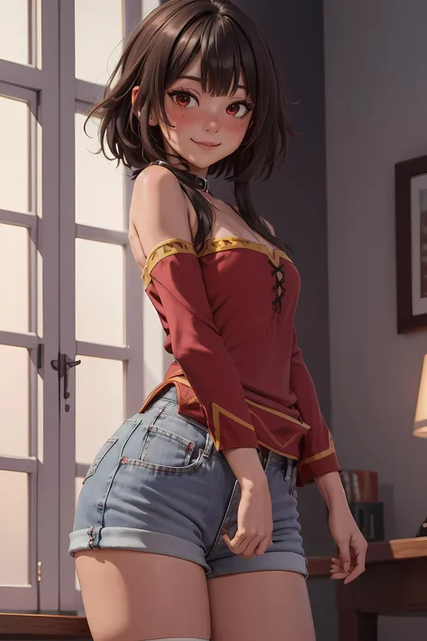 (masterpiece, best quality, hires, high resolution:1.2), extremely detailed, realistic, intricate details, highres,<lora:Megumin:0.8> megumin, brown hair, short hair, red eyes, blush, looking at viewer, no headwear,light smile, blush, freckles,(medium breasts, thick thighs, wide hips), arms out, indoors, (cinematic lighting, sunlight, soft light), looking at viewer,<lora:denim_shorts_v0.2:1> high-waist shorts,blue shorts,