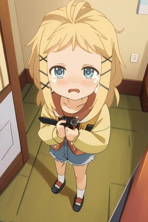 masterpiece, consistent background, indoors, <lora:Black_bullet tina sprout_v2:1> tina sprout, drone pov, dutch angle, from above, looking at viewer, crying
<lora:denim_shorts_v0.2:1> denim shorts