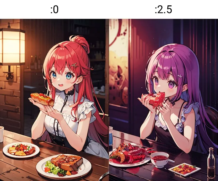 1girl, smile,
eat,
table, meat on dish, sarad, girl focus,
<lora:leco-monster_meat_v5-final:0>