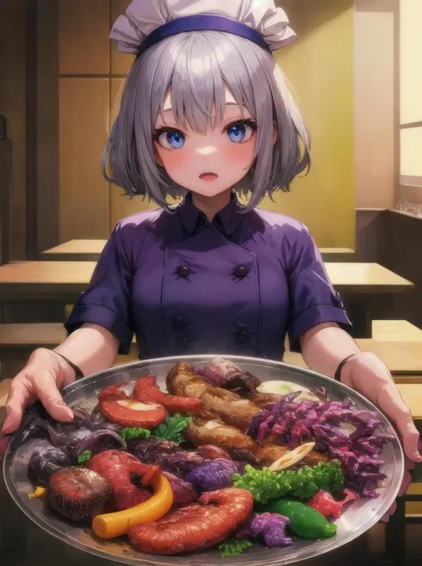 1girl, white chef uniform, flat top chef hat, grey hair, holding tray BREAK
holding tray, roasted meat on flat dish, sarad, <lora:leco-monster_meat_v5-final:2.5>
