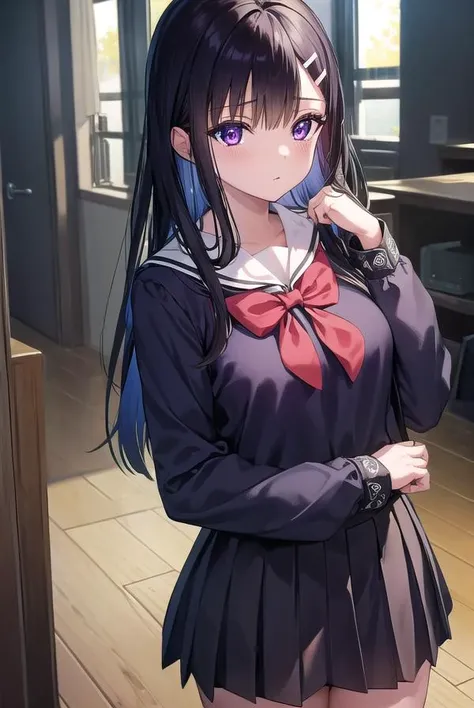 miyakoohtsuka, <lora:miyako ohtsuka manga-lora-nochekaiser:1>,
miyako ohtsuka, long hair, bangs, hair ornament, hairclip, black hair, (purple eyes:1.1),
BREAK skirt, long sleeves, school uniform, pleated skirt, serafuku, sailor collar,
BREAK indoors, classroom,
BREAK looking at viewer, (cowboy shot:1.5),
BREAK <lyco:GoodHands-beta2:1>, (masterpiece:1.2), best quality, high resolution, unity 8k wallpaper, (illustration:0.8), (beautiful detailed eyes:1.6), extremely detailed face, perfect lighting, extremely detailed CG, (perfect hands, perfect anatomy),
