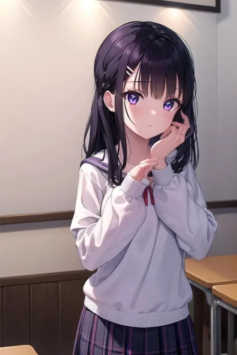 miyakoohtsuka, <lora:miyako ohtsuka manga-lora-nochekaiser:1>,
miyako ohtsuka, long hair, bangs, hair ornament, hairclip, black hair, (purple eyes:1.1),
BREAK skirt, long sleeves, school uniform, pleated skirt, serafuku, sailor collar,
BREAK indoors, classroom,
BREAK looking at viewer, (cowboy shot:1.5),
BREAK <lyco:GoodHands-beta2:1>, (masterpiece:1.2), best quality, high resolution, unity 8k wallpaper, (illustration:0.8), (beautiful detailed eyes:1.6), extremely detailed face, perfect lighting, extremely detailed CG, (perfect hands, perfect anatomy),
