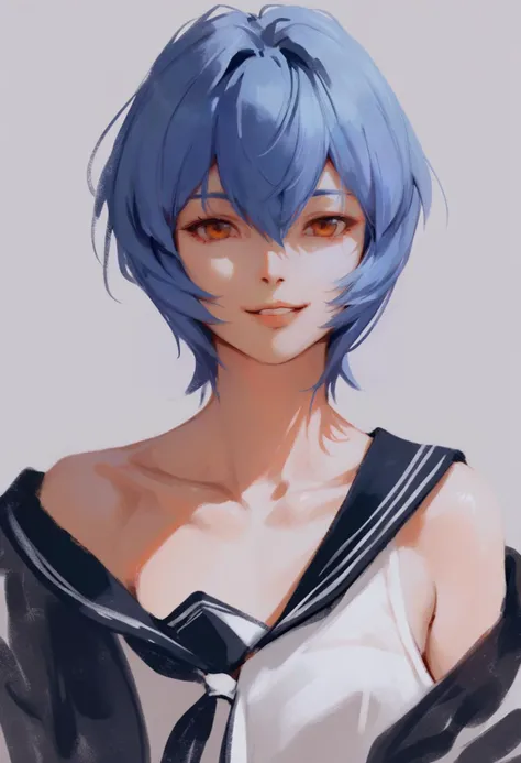 score_9, score_8_up, score_7_up, score_6_up, <lora:InkXL_P6_lokr_V43P1:0.95> monochrome, 1girl, solo, short hair, blue hair, looking at viewer, simple background, collarbone, parted lips, smile, white background, yellow eyes, portrait, off shoulder, orange eyes, sailor collar, school uniform, grey background, ayanami rei, bare shoulders, upper body, shirt