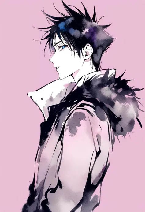 masterpiece, best quality,<lora:inkXL_ANI31_lokr_V43P1:0.95>monochrome, watercolor, 1boy, male focus, solo, black hair, blue eyes, fushiguro megumi, looking at viewer, short hair, upper body, jacket, purple background, black jacket, simple background, parted lips, spiked hair, profile, fur trim, long sleeves, from side