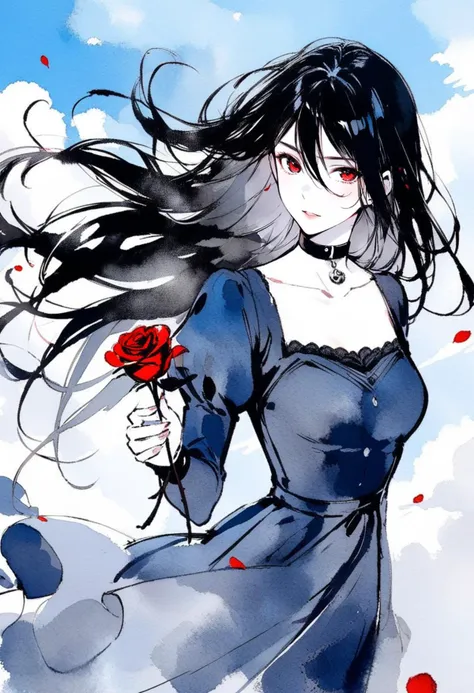 masterpiece, best quality,<lora:inkXL_ANI31_lokr_V43P1:0.95>monochrome, watercolor, 1girl, solo, flower, red eyes, holding, rose, long hair, red flower, sky, petals, looking at viewer, puffy sleeves, holding flower, parted lips, long sleeves, juliet sleeves, upper body, dress, black hair, blue dress, red rose, collar, cloud, blue sky, outdoors, blue theme, floating hair, wind, choker, black collar, limited palette, collarbone, hair between eyes