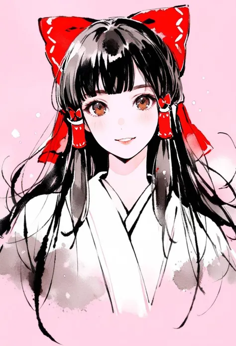 masterpiece, best quality,<lora:inkXL_ANI31_lokr_V43P1:0.95>monochrome, watercolor, 1girl, solo, hakurei reimu, hair tubes, bow, hair bow, red bow, japanese clothes, pink background, looking at viewer, brown eyes, hair ornament, long hair, black hair, simple background, flower, kimono, upper body, portrait, hair flower, smile, fur trim, sidelocks, alternate costume, light smile, parted lips, blunt bangs, brown hair, frills, lips, white kimono, ribbon