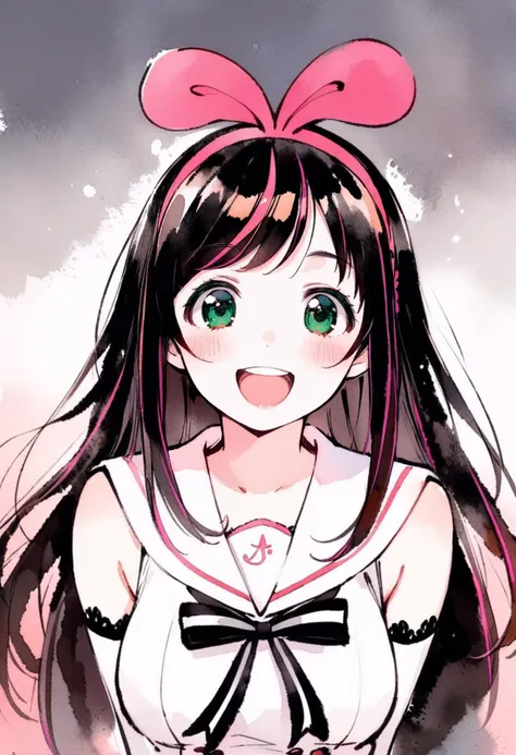 masterpiece, best quality,<lora:inkXL_ANI31_lokr_V43P1:0.95>monochrome, watercolor, 1girl, kizuna ai, virtual youtuber, solo, long hair, brown hair, pink hairband, smile, looking at viewer, hairband, open mouth, sailor collar, green eyes, upper body, multicolored hair, bow, streaked hair, shirt, :d, detached sleeves, pink hair, white sailor collar, sleeveless, sleeveless shirt, hair bow, white shirt, teeth, gradient background, straight-on