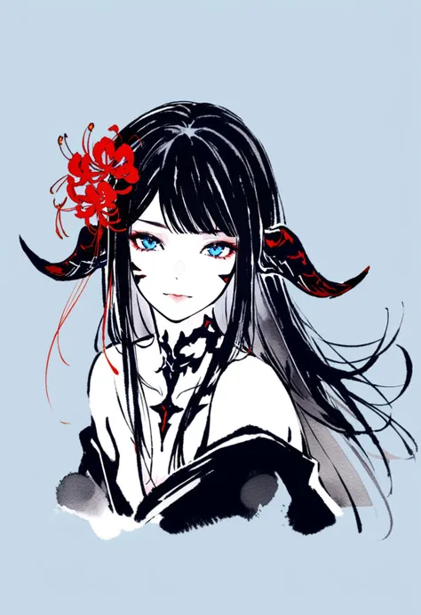 masterpiece, best quality,<lora:inkXL_ANI31_lokr_V43P1:0.95>monochrome, watercolor, 1girl, solo, long hair, blue eyes, flower, horns, au ra, black hair, hair flower, hair ornament, dragon horns, warrior of light \(ff14\), looking at viewer, hyur, bare shoulders, off shoulder, red flower, japanese clothes, black kimono, kimono, upper body, spider lily, dragon girl, simple background, portrait, white background, straight hair, cropped torso, closed mouth, blue background, black horns