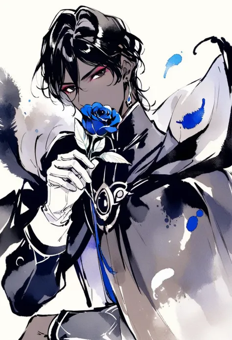 masterpiece, best quality,<lora:inkXL_ANI31_lokr_V43P1:0.95>monochrome, watercolor, arjuna \(fate\), 1boy, flower, male focus, solo, dark skin, black hair, white gloves, blue flower, holding flower, holding, gloves, dark-skinned male, rose, looking at viewer, hair between eyes, blue rose, white background, simple background, black eyes, eyeshadow, upper body, makeup, covered mouth, jewelry, short hair, feathers, cape, earrings