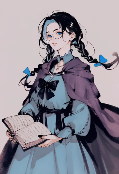 score_9, score_8_up, score_7_up, score_6_up, <lora:InkXL_P6_lokr_V43P1:0.95> monochrome, 1girl, solo, book, glasses, twin braids, looking at viewer, braid, dress, bow, holding, long hair, hair bow, open book, jewelry, black hair, blue eyes, necklace, cape, blue dress, holding book, round eyewear, parted lips, long sleeves, nail polish, hair ribbon, ribbon, parted bangs, purple cape, multicolored hair, twintails, black nails
