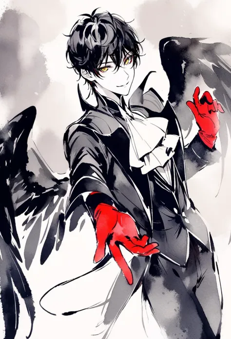 masterpiece, best quality,<lora:inkXL_ANI31_lokr_V43P1:0.95>monochrome, watercolor, 1boy, amamiya ren, male focus, black hair, gloves, solo, wings, red gloves, smile, looking at viewer, black wings, ascot, yellow eyes, jacket, hair between eyes, feathered wings, long sleeves