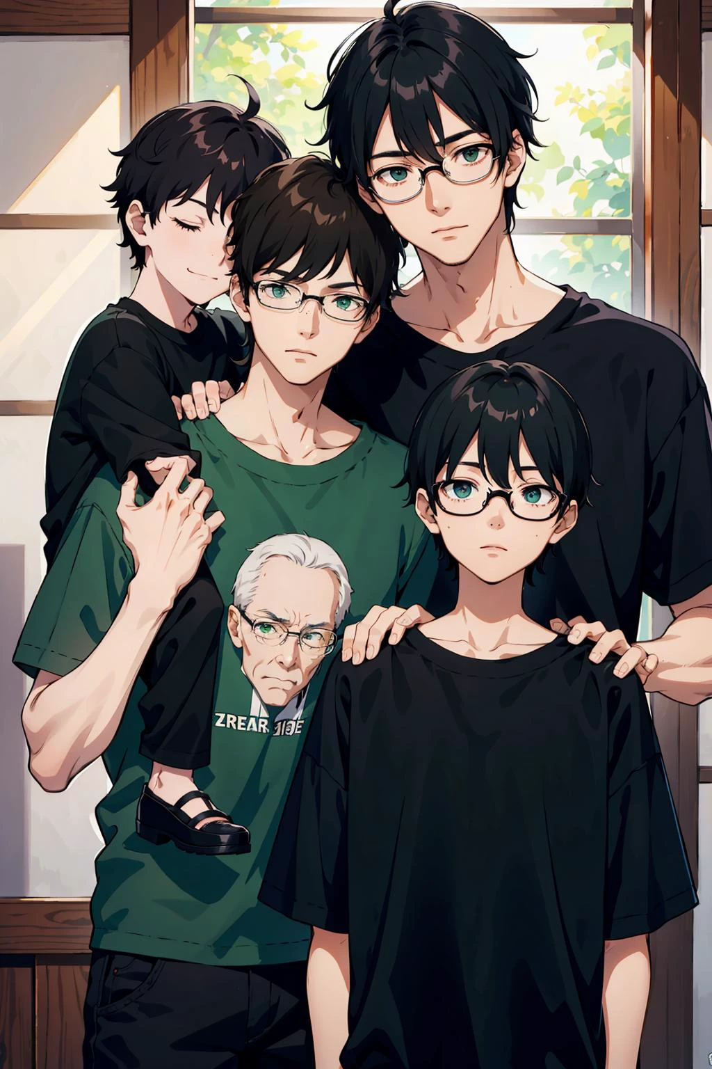 Masterpiece, anime still, intricate details, uhd, 4k, hdr, <BREAK> 2boys, (older and younger brothers, laughing, happy, friendly,) older guy tugging at younger boy's hair, dark hair, <BREAK> (younger (18 years old) tall skinny black eyed boy) with short black hair and glasses, eyes shut, hand over shoulder, <BREAK> (older (27 years old) pale fit taller green eyed guy) without glasses and with sharp chin long black hair and a ponytail in a sleevless black t-shirt, waist up shot, EyeDetail