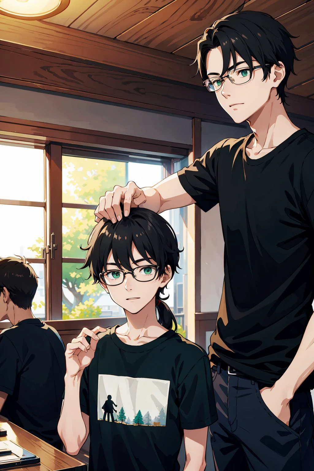 Masterpiece, anime still, intricate details, uhd, 4k, hdr, <BREAK> 2boys, (older and younger brothers, laughing, happy, friendly,) older guy tugging at younger boy's hair, dark hair, <BREAK> (younger (18 years old) tall skinny black eyed boy) with short black hair and glasses, eyes shut, hand over shoulder, <BREAK> (older (27 years old) pale fit taller green eyed guy) without glasses and with sharp chin long black hair and a ponytail in a sleevless black t-shirt, waist up shot, EyeDetail