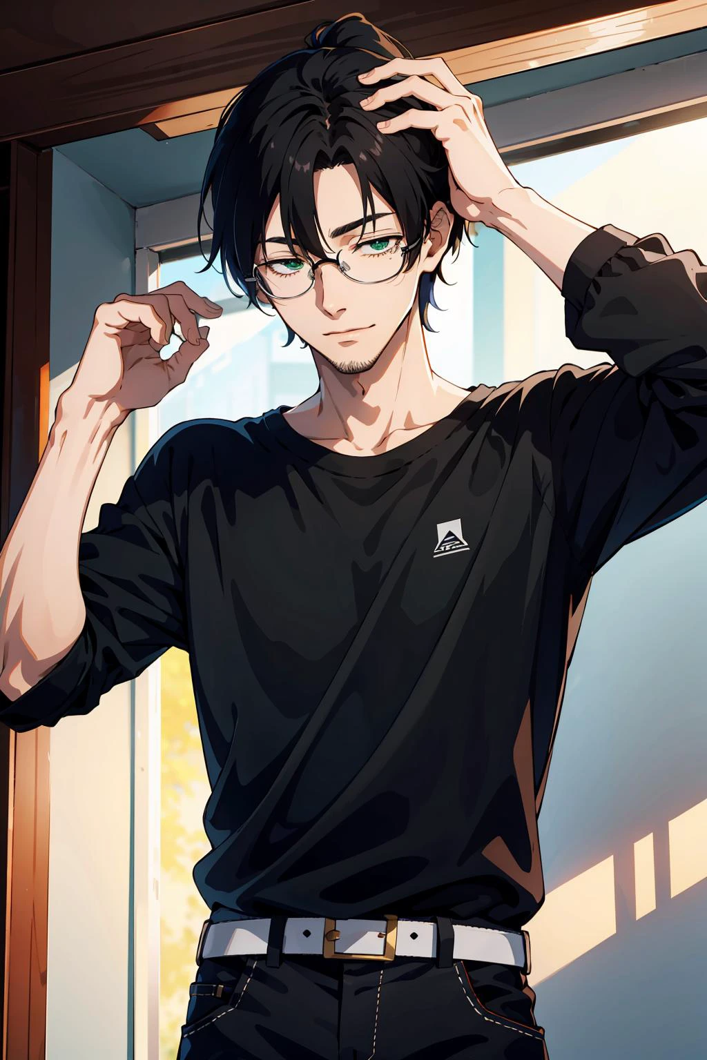 Masterpiece, anime still, intricate details, uhd, 4k, hdr, <BREAK> 2boys, (older and younger brothers, laughing, happy, friendly,) older guy tugging at younger boy's hair, dark hair, <BREAK> (younger (18 years old) tall skinny black eyed boy) with short black hair and glasses, eyes shut, hand over shoulder, <BREAK> (older (27 years old) pale fit taller green eyed guy) without glasses and with sharp chin long black hair and a ponytail in a sleevless black t-shirt, waist up shot, EyeDetail