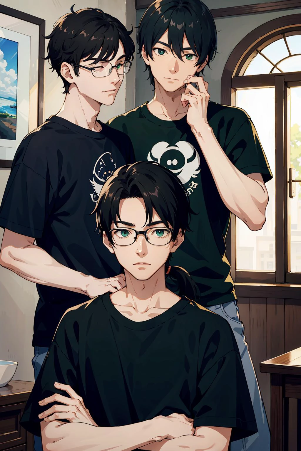 Masterpiece, anime still, intricate details, uhd, 4k, hdr, <BREAK> 2boys, (older and younger brothers, laughing, happy, friendly,) older guy tugging at younger boy's hair, dark hair, <BREAK> (younger (18 years old) tall skinny black eyed boy) with short black hair and glasses, eyes shut, hand over shoulder, <BREAK> (older (27 years old) pale fit taller green eyed guy) without glasses and with sharp chin long black hair and a ponytail in a sleevless black t-shirt, waist up shot, EyeDetail