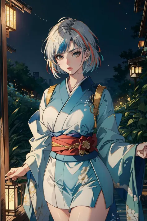 (masterpiece), (best quality), (official art, extremely detailed CG unity 8k wallpaper), (highly detailed), ((absurdres)), kimono, ((sfw)), ashinano-style, mature female, bad-girl, short hair, (((multicolored hair))), (light blue hair:1), (white hair:1.05), from above, bust shot, night, festival, lanterns, fireflies, (thighs), <lora:badgirl-test-lora-wdvae:0.7>, <lora:lora:0.45>, <lyco:GoodHands-beta2:1.0>