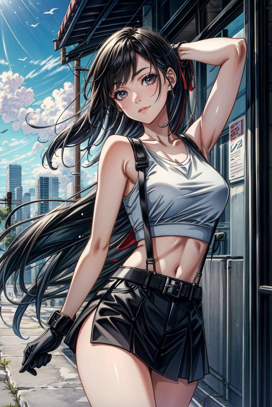 (masterpiece), (best quality), (official art, extremely detailed CG unity 8k wallpaper), (highly detailed), ((absurdres)), white tank top, tifa lockhart, final fantasy vii, bangs, bare shoulders, belt, black belt, black gloves, black hair, black skirt, ashinano-style, suspenders, ((sfw)), from the front, smile, happy, feisty, cityscape, (wind blows:1.1), (thighs), <lora:more_details:0.7>, <lora:lora:0.45>, <lora:tifa_lockhart_offset:0.65>